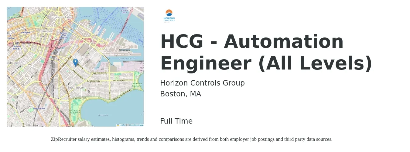 Horizon Controls Group job posting for a HCG - Automation Engineer (All Levels) in Boston, MA with a salary of $94,000 to $134,200 Yearly with a map of Boston location.