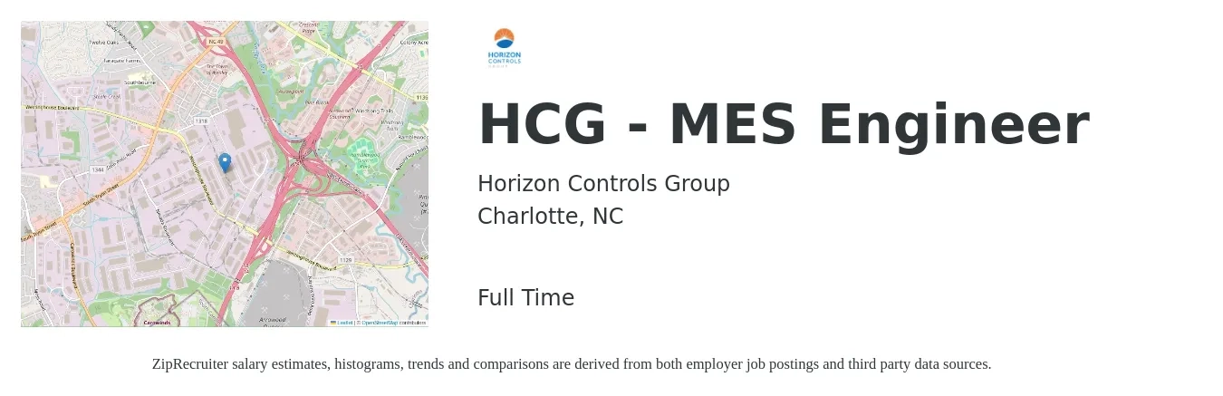 Horizon Controls Group job posting for a HCG - MES Engineer in Charlotte, NC with a salary of $84,700 to $130,200 Yearly with a map of Charlotte location.