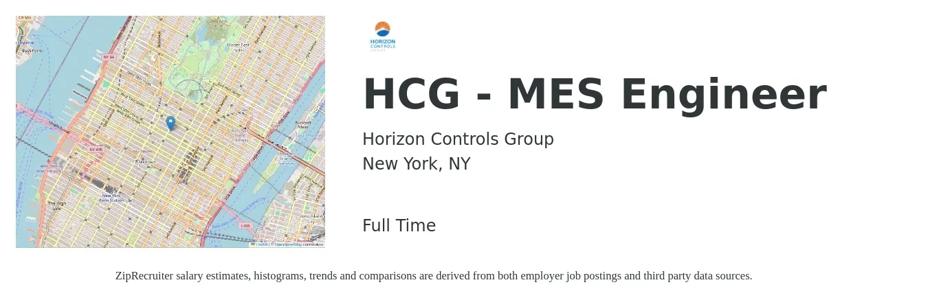 Horizon Controls Group job posting for a HCG - MES Engineer in New York, NY with a salary of $97,400 to $149,800 Yearly with a map of New York location.