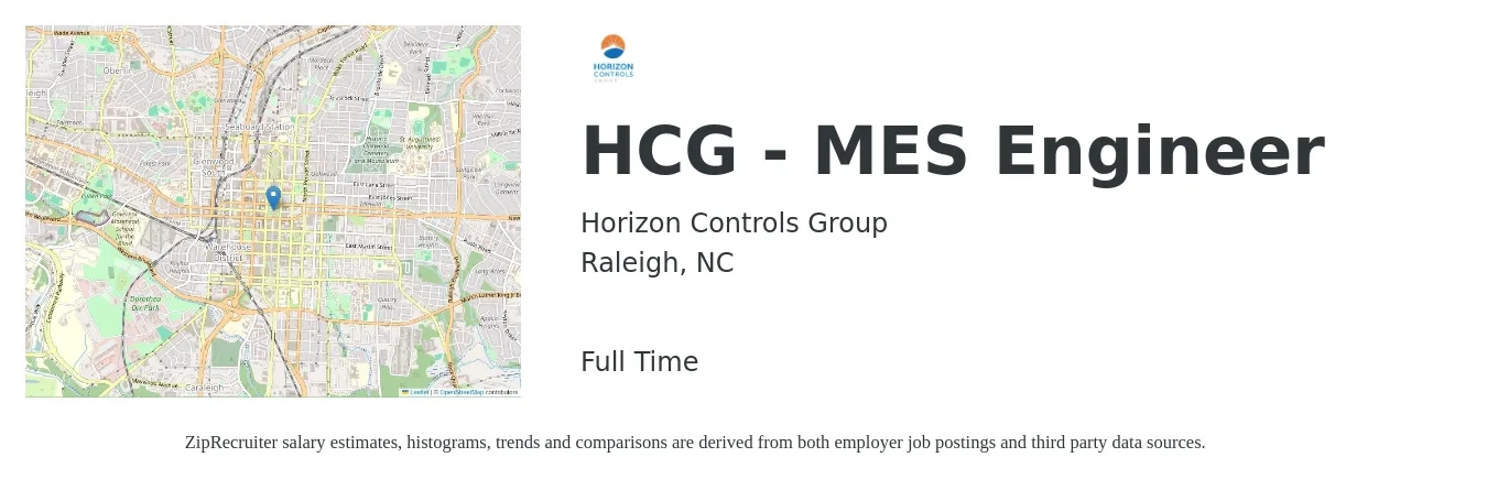Horizon Controls Group job posting for a HCG - MES Engineer in Raleigh, NC with a salary of $78,200 to $120,200 Yearly with a map of Raleigh location.