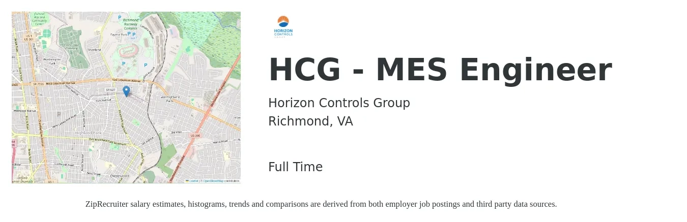 Horizon Controls Group job posting for a HCG - MES Engineer in Richmond, VA with a salary of $87,800 to $134,900 Yearly with a map of Richmond location.