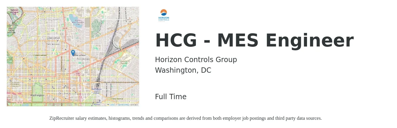 Horizon Controls Group job posting for a HCG - MES Engineer in Washington, DC with a salary of $99,900 to $153,500 Yearly with a map of Washington location.