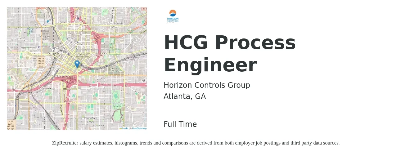 Horizon Controls Group job posting for a HCG Process Engineer in Atlanta, GA with a salary of $71,600 to $99,000 Yearly with a map of Atlanta location.