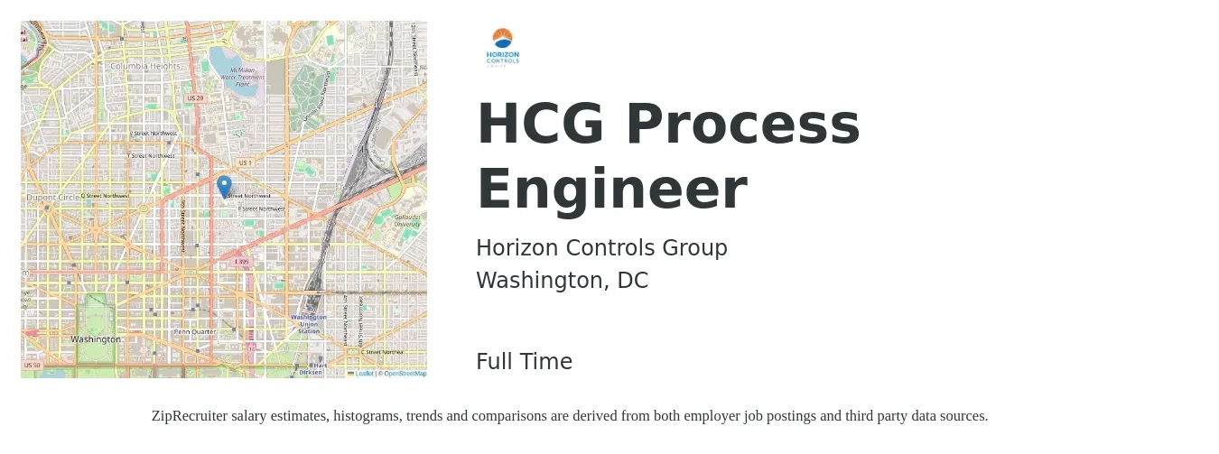 Horizon Controls Group job posting for a HCG Process Engineer in Washington, DC with a salary of $84,100 to $116,200 Yearly with a map of Washington location.