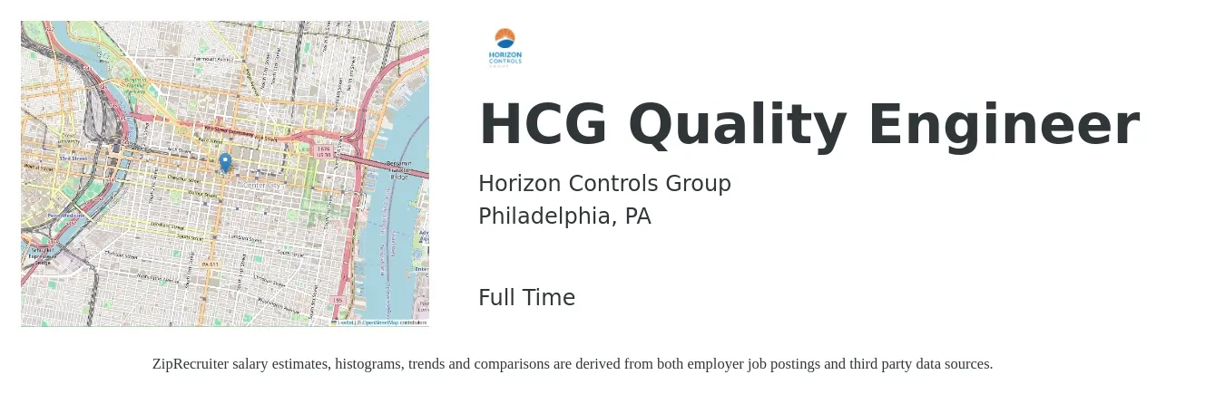 Horizon Controls Group job posting for a HCG Quality Engineer in Philadelphia, PA with a salary of $72,700 to $93,800 Yearly with a map of Philadelphia location.