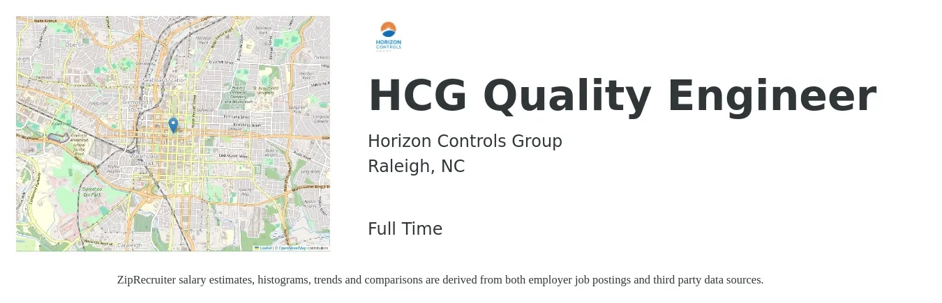 Horizon Controls Group job posting for a HCG Quality Engineer in Raleigh, NC with a salary of $63,700 to $82,200 Yearly with a map of Raleigh location.
