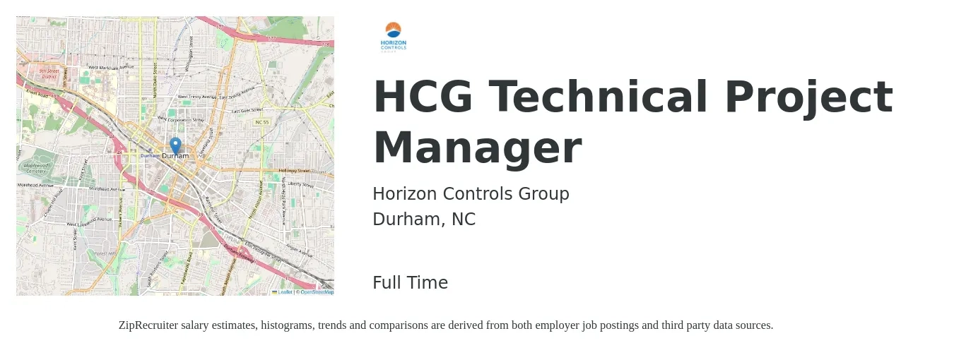 Horizon Controls Group job posting for a HCG Technical Project Manager in Durham, NC with a salary of $92,800 to $130,000 Yearly with a map of Durham location.