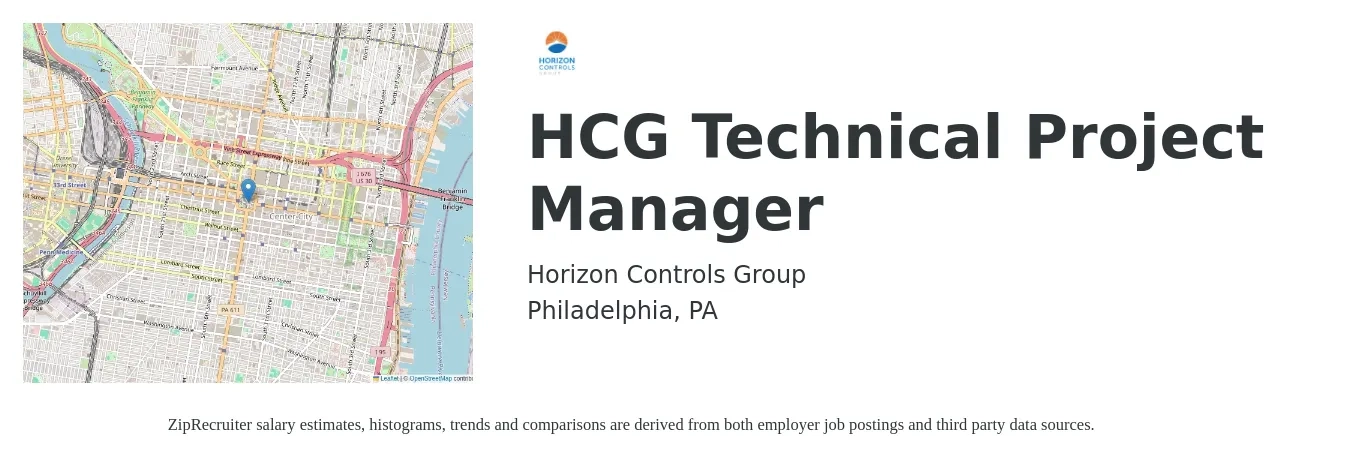 Horizon Controls Group job posting for a HCG Technical Project Manager in Philadelphia, PA with a salary of $96,900 to $135,700 Yearly with a map of Philadelphia location.