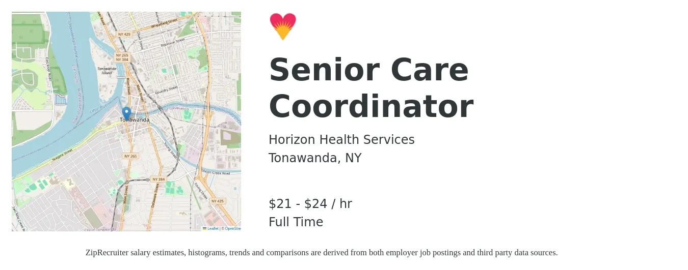 Horizon Health Services job posting for a Senior Care Coordinator in Tonawanda, NY with a salary of $22 to $25 Hourly with a map of Tonawanda location.