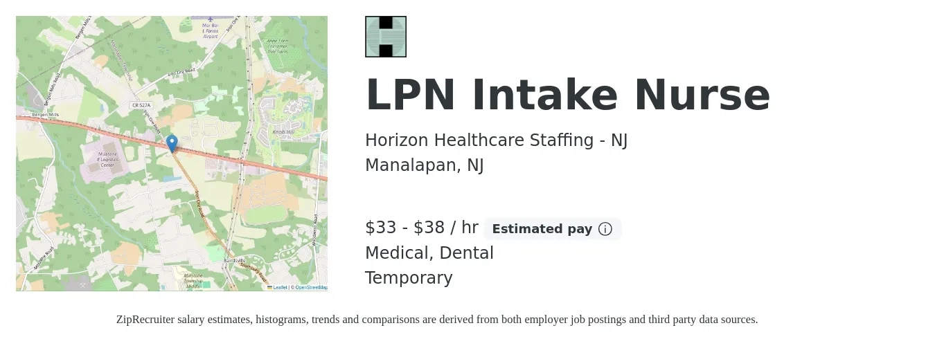 Horizon Healthcare Staffing - NJ job posting for a LPN Intake Nurse in Manalapan, NJ with a salary of $35 to $40 Hourly and benefits including medical, retirement, and dental with a map of Manalapan location.