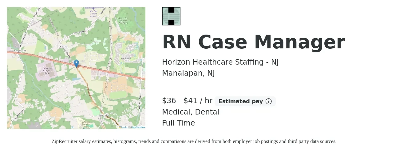 Horizon Healthcare Staffing - NJ job posting for a RN Case Manager in Manalapan, NJ with a salary of $38 to $43 Hourly (plus commission) and benefits including retirement, dental, and medical with a map of Manalapan location.