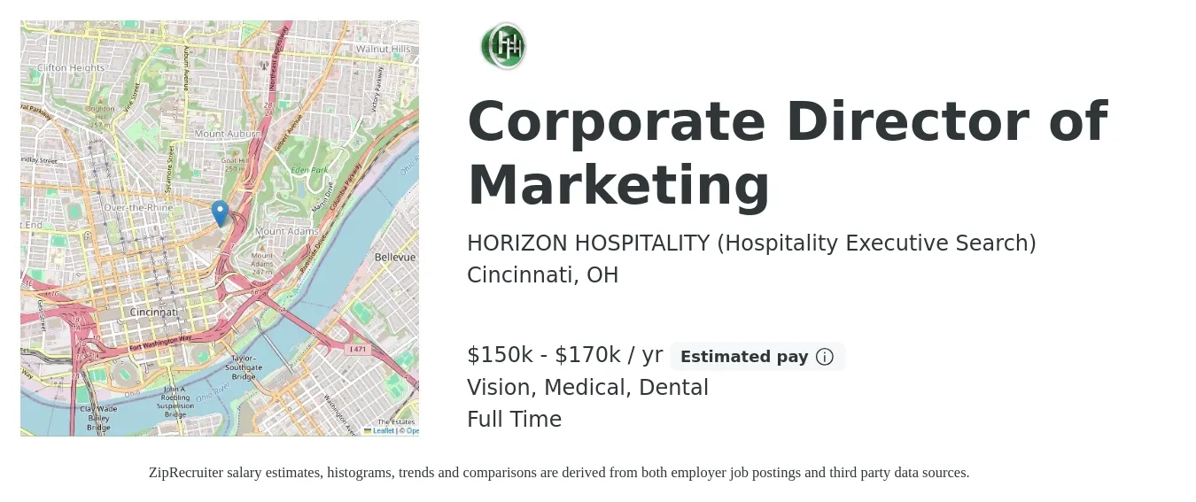 HORIZON HOSPITALITY (Hospitality Executive Search) job posting for a Corporate Director of Marketing in Cincinnati, OH with a salary of $150,000 to $170,000 Yearly and benefits including pto, vision, dental, and medical with a map of Cincinnati location.