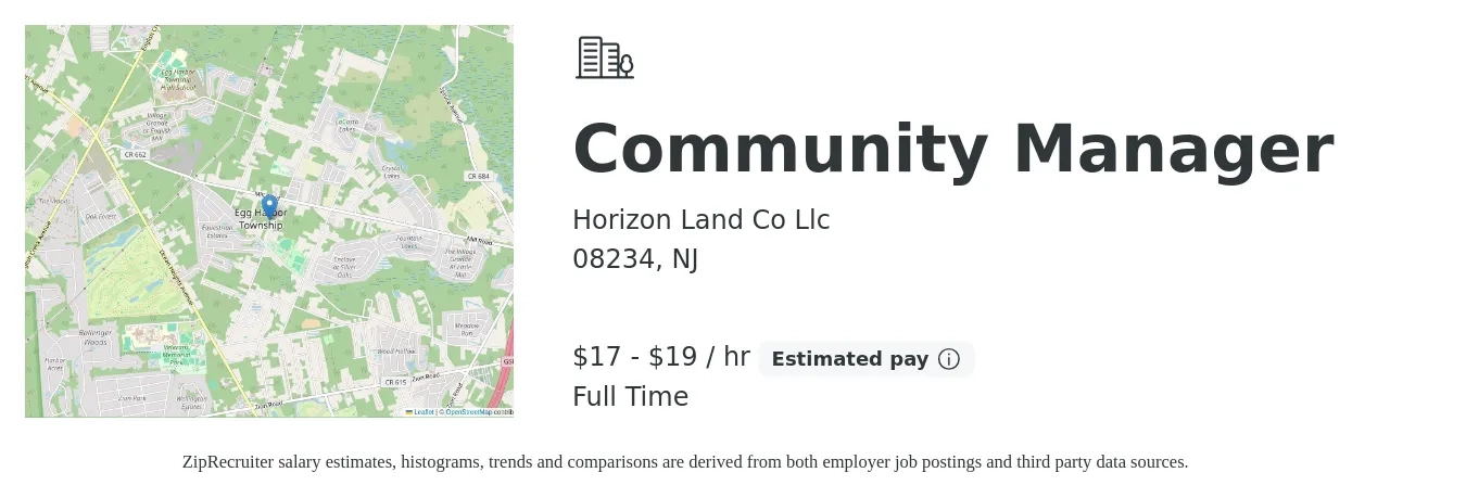 Horizon Land Co Llc job posting for a Community Manager in 08234, NJ with a salary of $18 to $20 Hourly with a map of 08234 location.