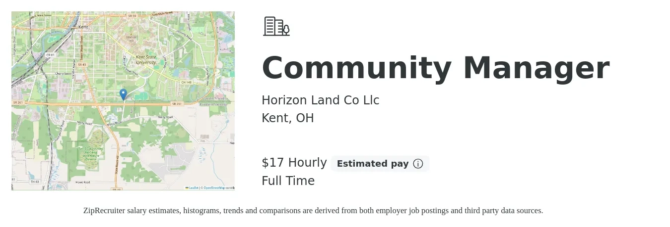 Horizon Land Co Llc job posting for a Community Manager in Kent, OH with a salary of $18 Hourly with a map of Kent location.