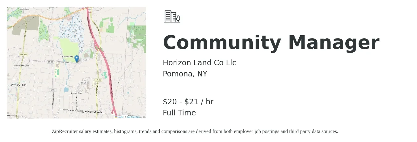 Horizon Land Co Llc job posting for a Community Manager in Pomona, NY with a salary of $21 to $22 Hourly with a map of Pomona location.