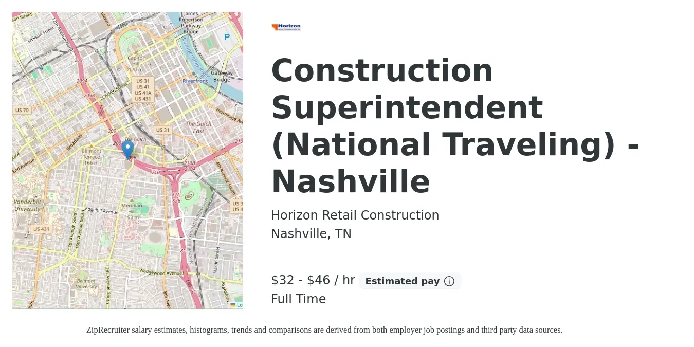 Horizon Retail Construction job posting for a Construction Superintendent (National Traveling) - Nashville in Nashville, TN with a salary of $34 to $48 Hourly with a map of Nashville location.