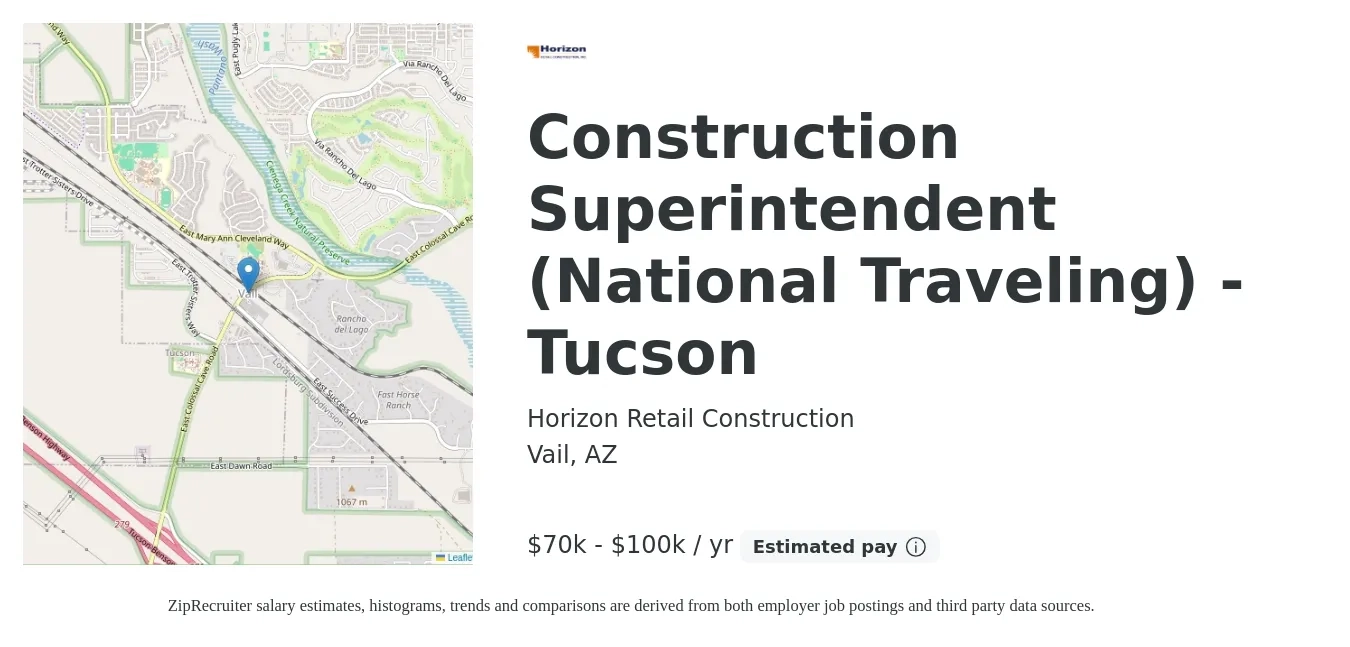 Horizon Retail Construction job posting for a Construction Superintendent (National Traveling) - Tucson in Vail, AZ with a salary of $70,000 to $100,000 Yearly with a map of Vail location.