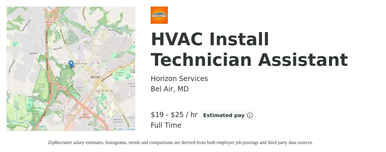 Horizon Services job posting for a HVAC Install Technician Assistant in Bel Air, MD with a salary of $20 to $27 Hourly with a map of Bel Air location.