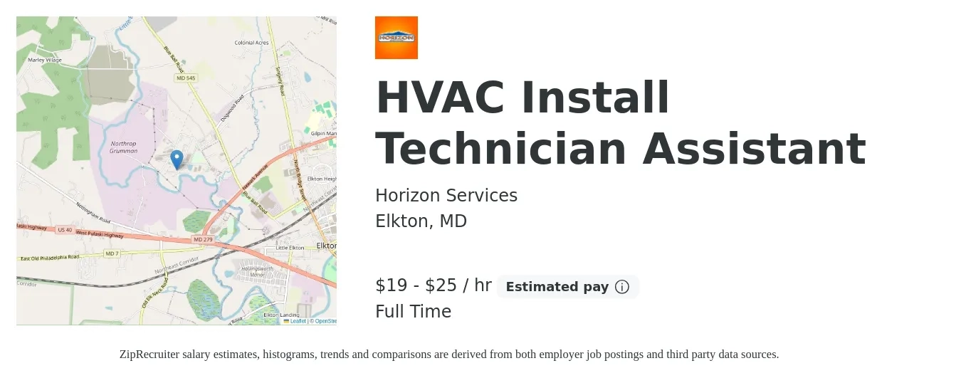 Horizon Services job posting for a HVAC Install Technician Assistant in Elkton, MD with a salary of $20 to $27 Hourly with a map of Elkton location.