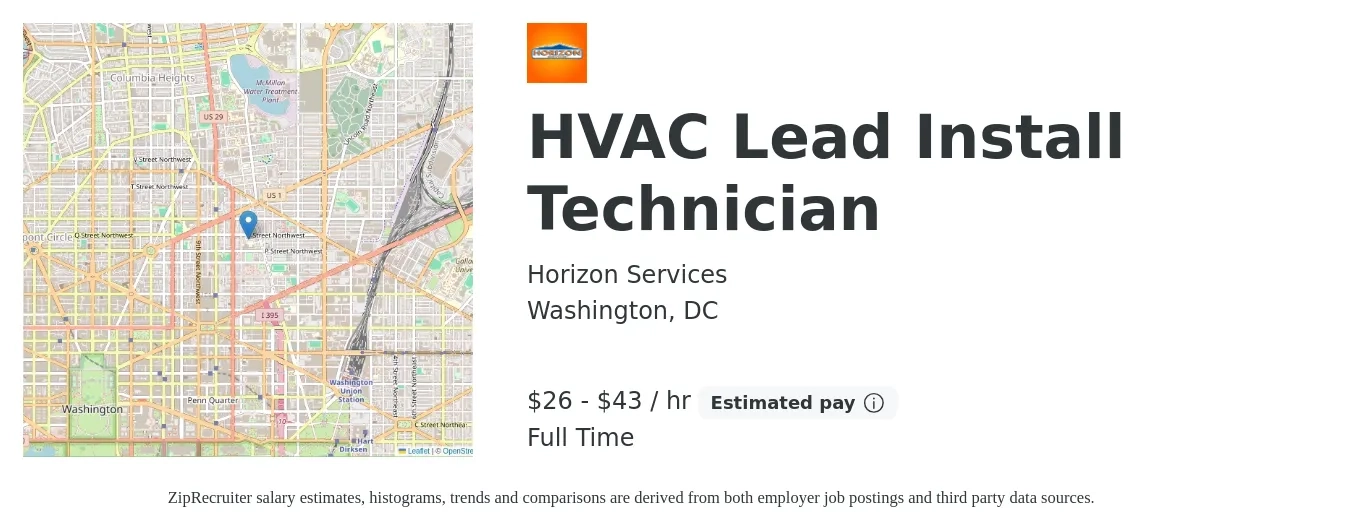 Horizon Services job posting for a HVAC Lead Install Technician in Washington, DC with a salary of $28 to $45 Hourly with a map of Washington location.