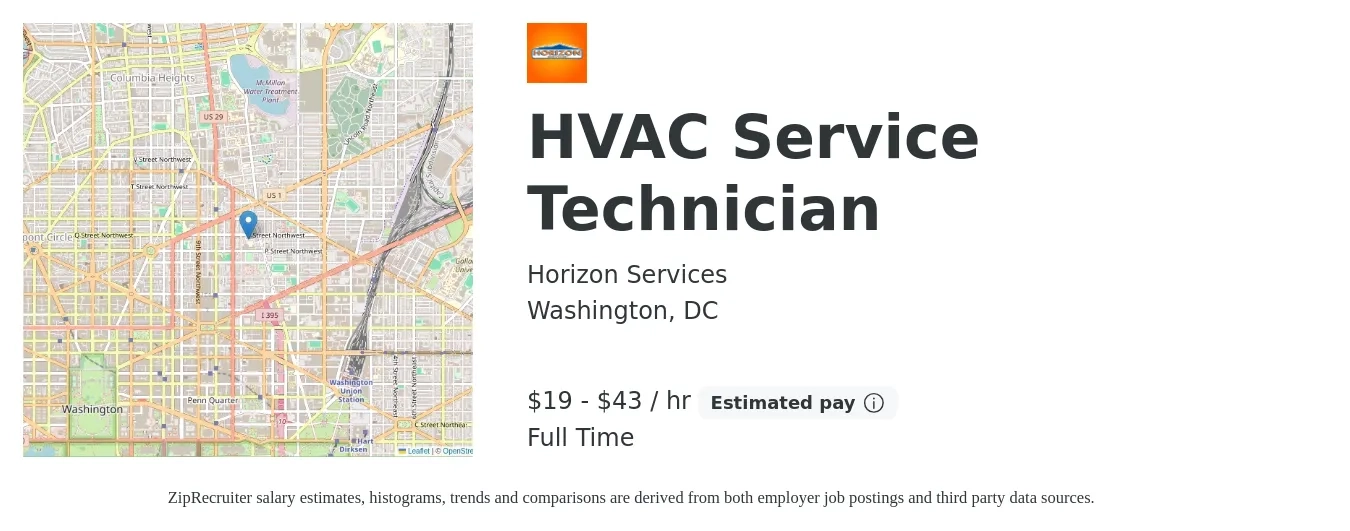Horizon Services job posting for a HVAC Service Technician in Washington, DC with a salary of $20 to $45 Hourly with a map of Washington location.