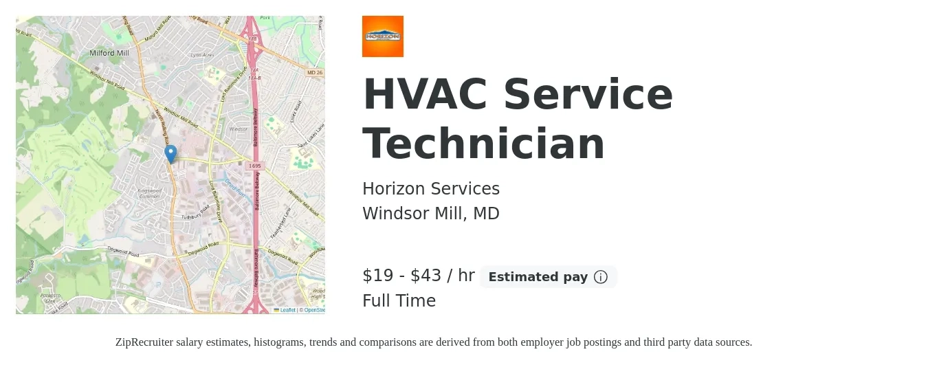 Horizon Services job posting for a HVAC Service Technician in Windsor Mill, MD with a salary of $20 to $45 Hourly with a map of Windsor Mill location.