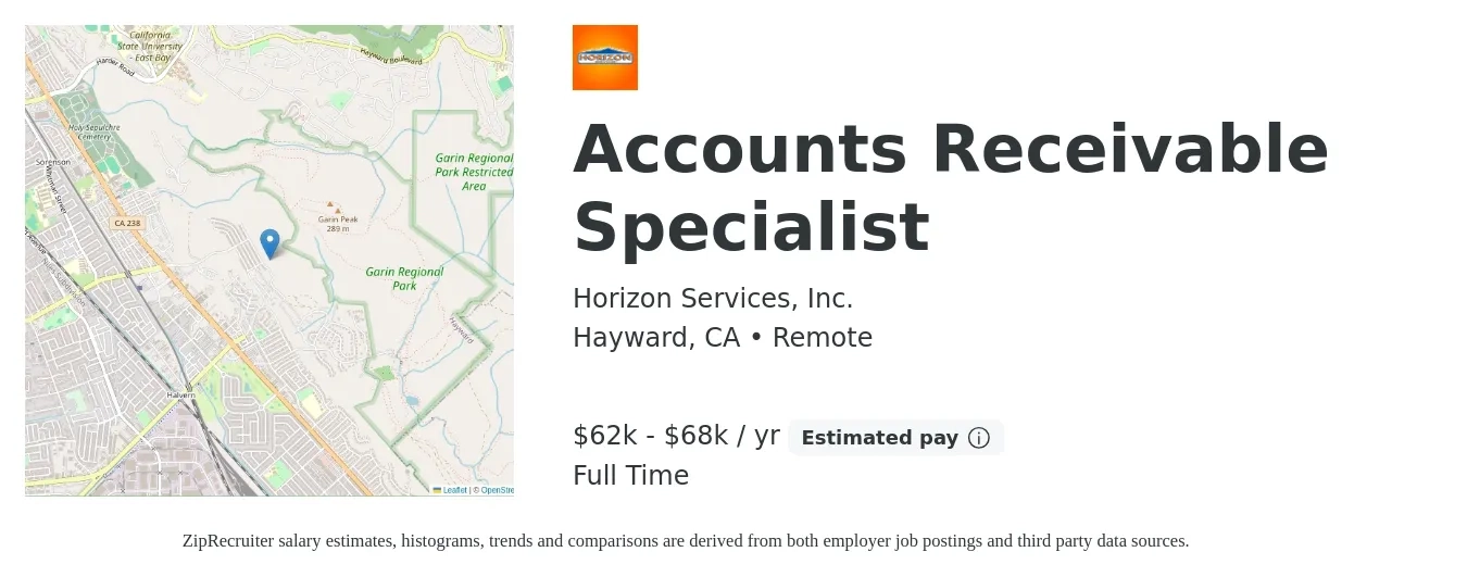 Horizon Services, Inc. job posting for a Accounts Receivable Specialist in Hayward, CA with a salary of $62,000 to $68,000 Yearly with a map of Hayward location.