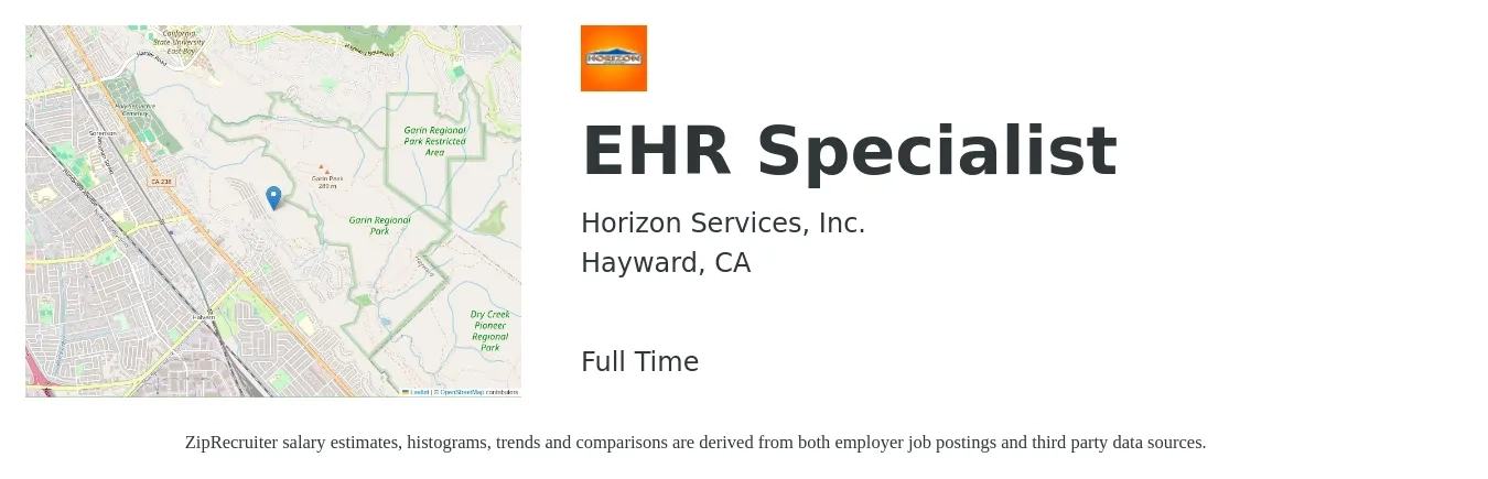 Horizon Services, Inc. job posting for a EHR Specialist in Hayward, CA with a salary of $44,700 to $69,400 Yearly with a map of Hayward location.