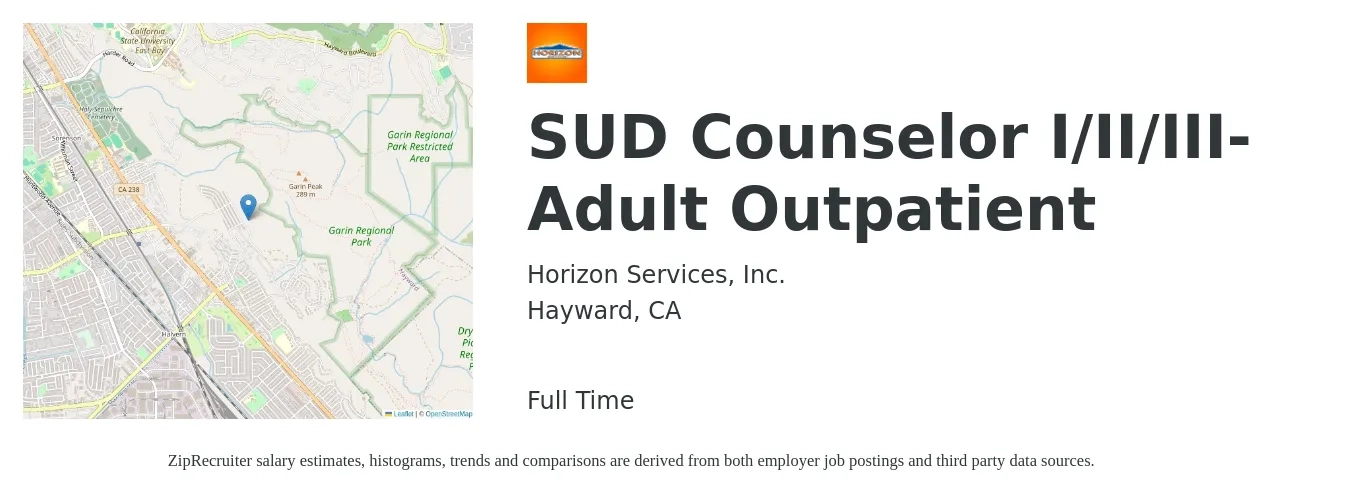 Horizon Services, Inc. job posting for a SUD Counselor I/II/III- Adult Outpatient in Hayward, CA with a map of Hayward location.