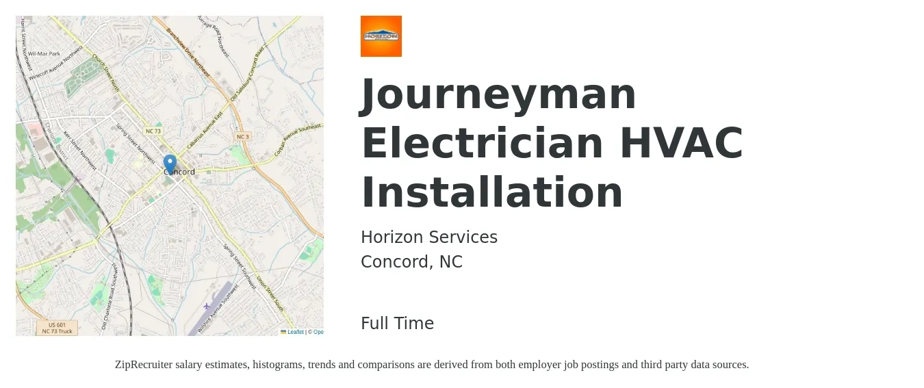 Horizon Services job posting for a Journeyman Electrician HVAC Installation in Concord, NC with a salary of $26 to $36 Hourly with a map of Concord location.