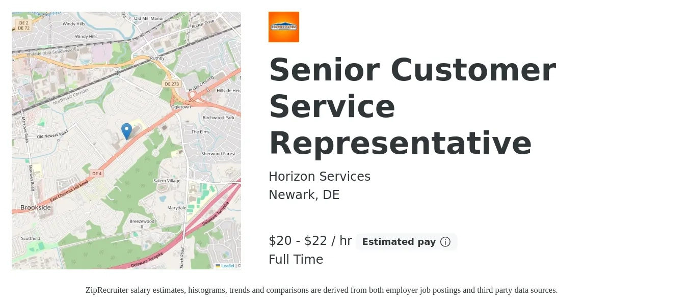 Horizon Services job posting for a Senior Customer Service Representative in Newark, DE with a salary of $21 to $23 Hourly with a map of Newark location.