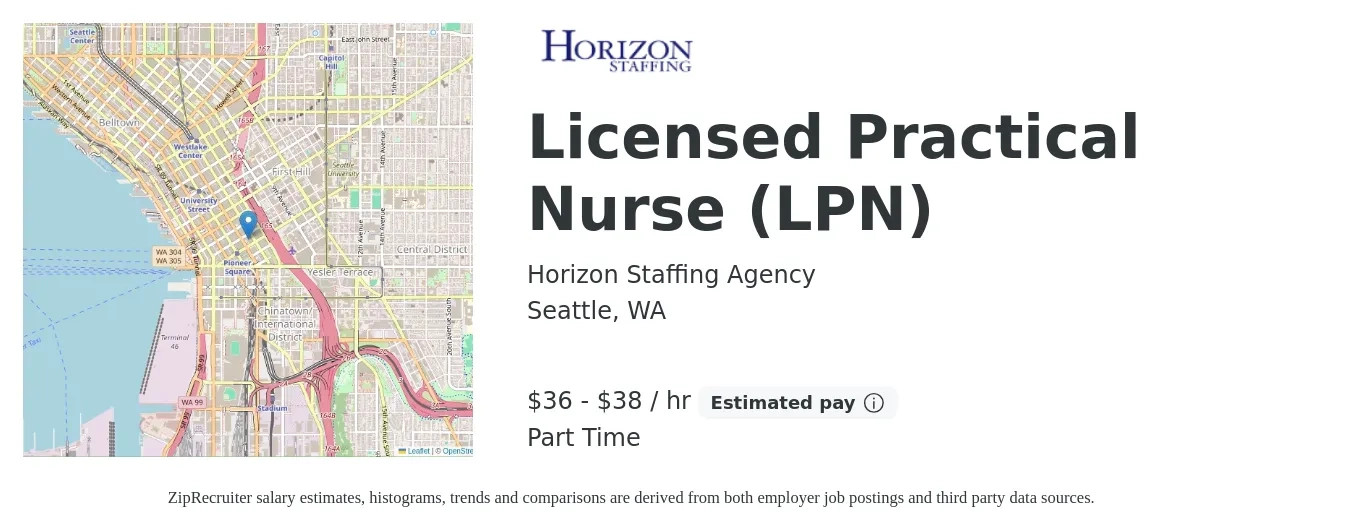 Horizon Staffing Agency job posting for a Licensed Practical Nurse (LPN) in Seattle, WA with a salary of $38 to $40 Hourly with a map of Seattle location.