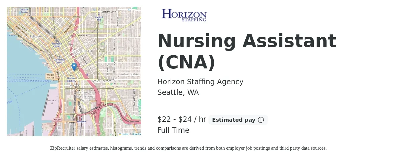 Horizon Staffing Agency job posting for a Nursing Assistant (CNA) in Seattle, WA with a salary of $23 to $25 Hourly with a map of Seattle location.