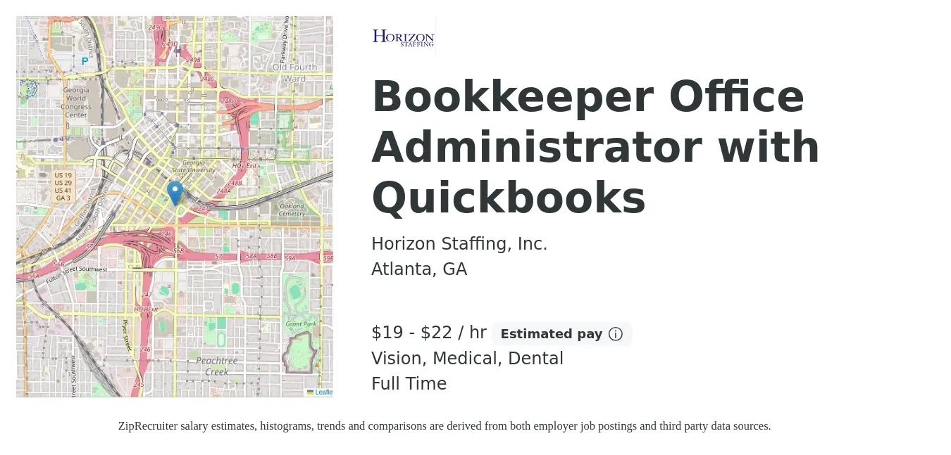 Horizon Staffing, Inc. job posting for a Bookkeeper Office Administrator with Quickbooks in Atlanta, GA with a salary of $20 to $23 Hourly and benefits including dental, life_insurance, medical, and vision with a map of Atlanta location.
