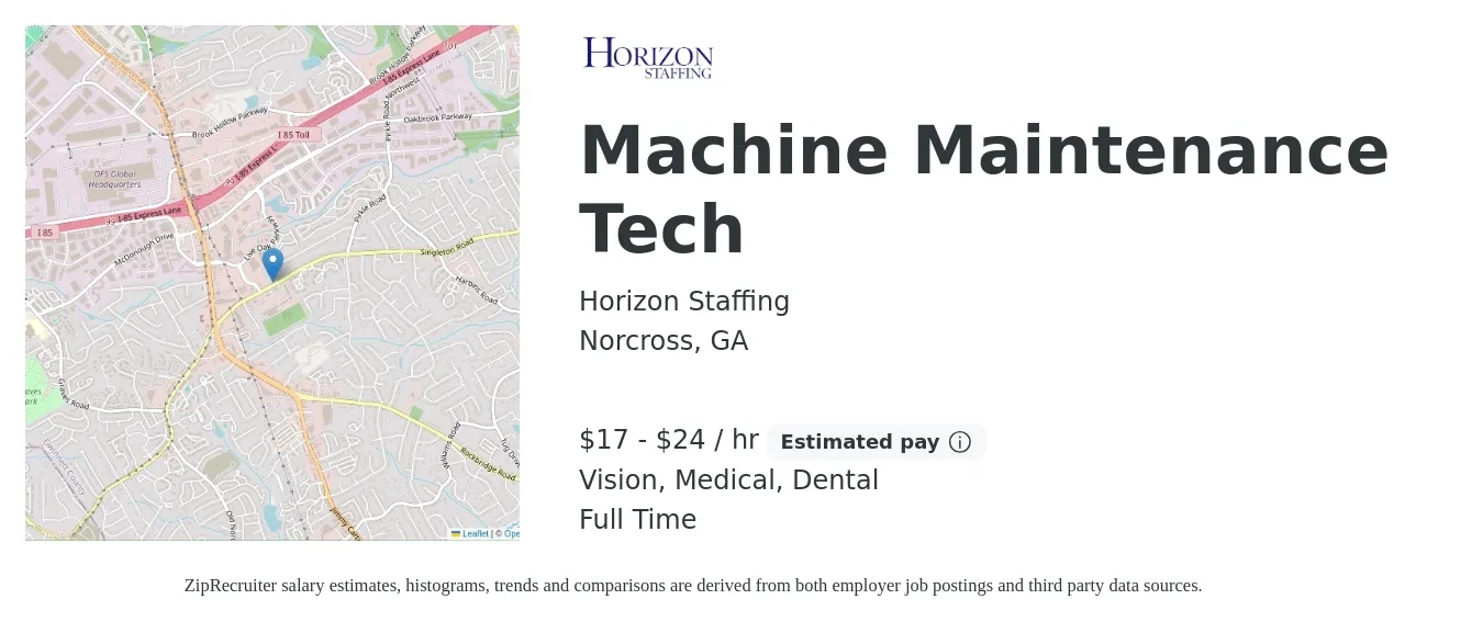 Horizon Staffing job posting for a Machine Maintenance Tech in Norcross, GA with a salary of $18 to $25 Hourly and benefits including dental, medical, and vision with a map of Norcross location.