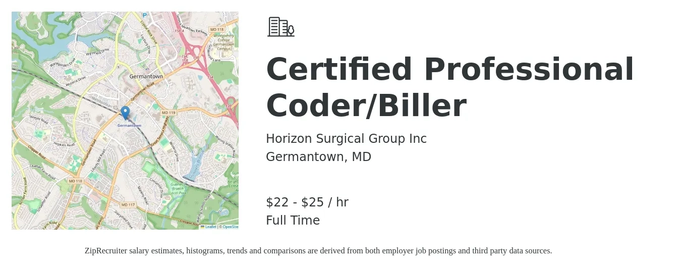 Horizon Surgical Group Inc job posting for a Certified Professional Coder/Biller in Germantown, MD with a salary of $23 to $27 Hourly with a map of Germantown location.