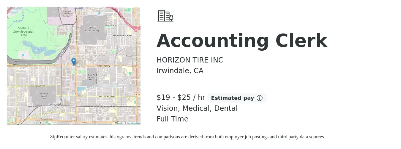 HORIZON TIRE INC job posting for a Accounting Clerk in Irwindale, CA with a salary of $20 to $26 Hourly and benefits including dental, life_insurance, medical, pto, retirement, and vision with a map of Irwindale location.