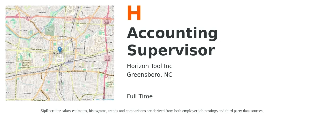 Horizon Tool Inc job posting for a Accounting Supervisor in Greensboro, NC with a salary of $75,600 to $108,500 Yearly with a map of Greensboro location.