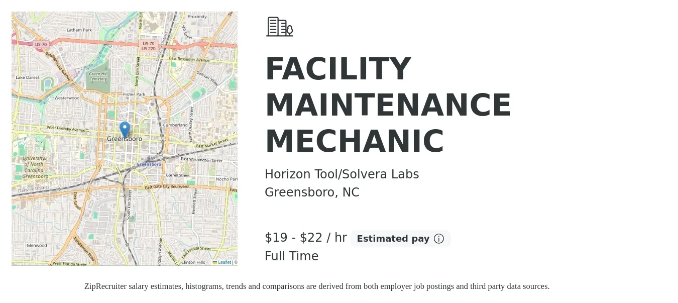 Horizon Tool/Solvera Labs job posting for a FACILITY MAINTENANCE MECHANIC in Greensboro, NC with a salary of $20 to $23 Hourly with a map of Greensboro location.