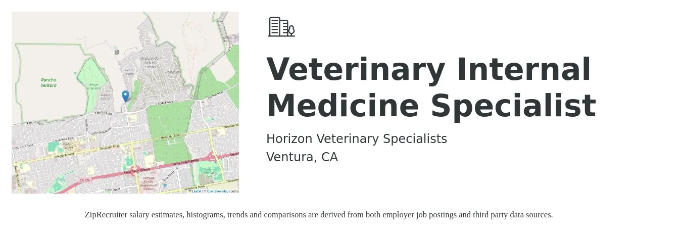 Horizon Veterinary Specialists job posting for a Veterinary Internal Medicine Specialist in Ventura, CA with a salary of $122,800 to $239,100 Yearly with a map of Ventura location.