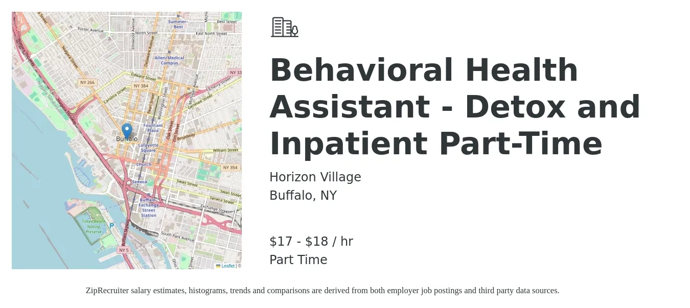 Horizon Village job posting for a Behavioral Health Assistant - Detox and Inpatient Part-Time in Buffalo, NY with a salary of $18 to $19 Hourly with a map of Buffalo location.