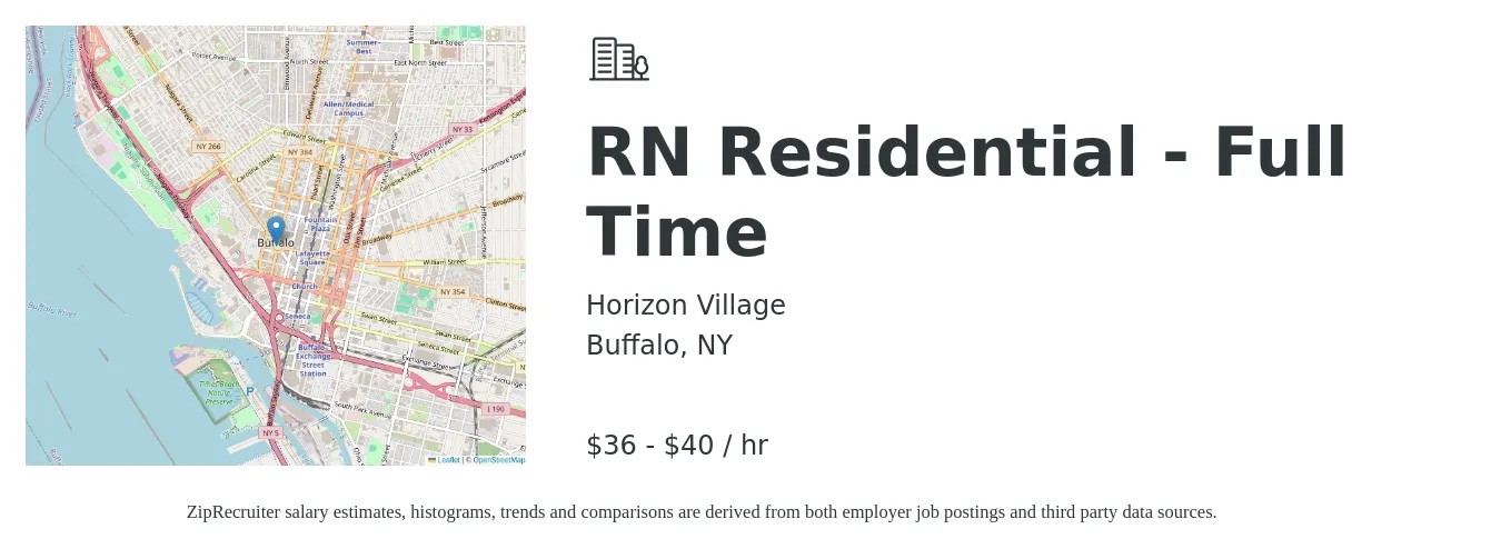 Horizon Village job posting for a RN Residential - Full Time in Buffalo, NY with a salary of $38 to $42 Hourly with a map of Buffalo location.