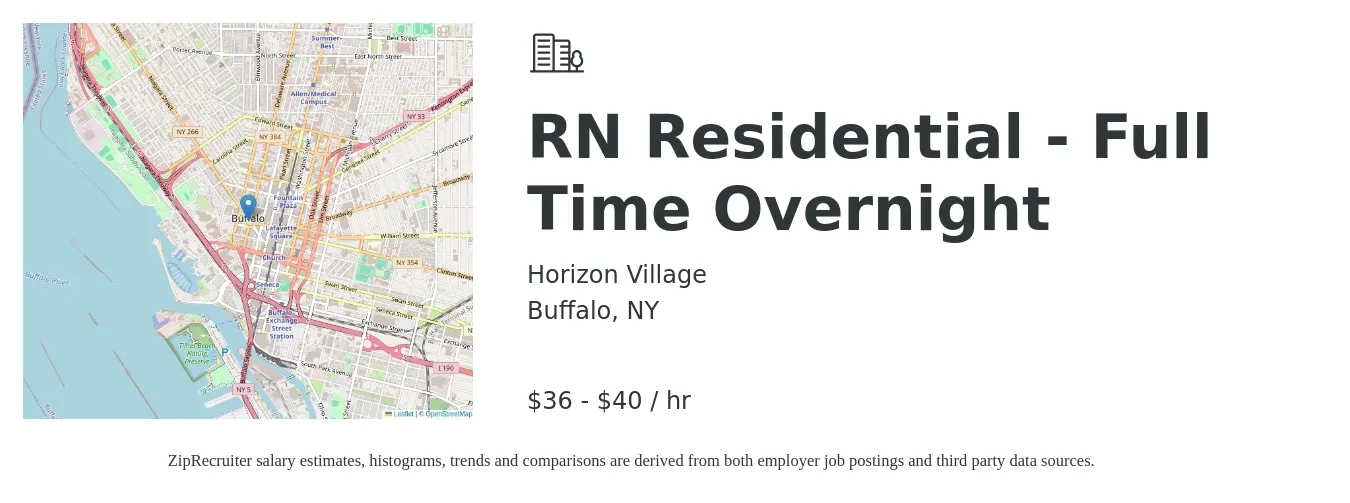 Horizon Village job posting for a RN Residential - Full Time Overnight in Buffalo, NY with a salary of $38 to $42 Hourly with a map of Buffalo location.