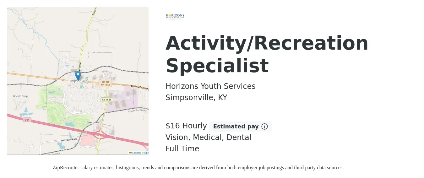 Horizons Youth Services job posting for a Activity/Recreation Specialist in Simpsonville, KY with a salary of $17 Hourly and benefits including dental, life_insurance, medical, retirement, and vision with a map of Simpsonville location.