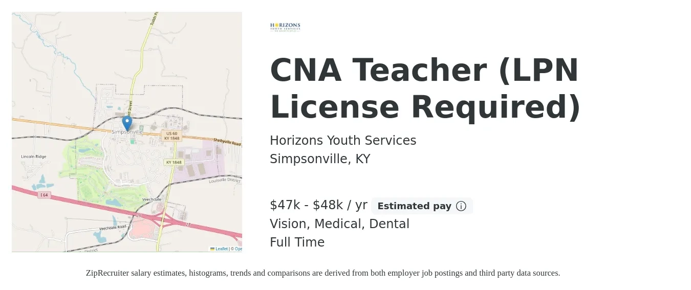 Horizons Youth Services job posting for a CNA Teacher (LPN License Required) in Simpsonville, KY with a salary of $47,000 to $48,000 Yearly and benefits including dental, life_insurance, medical, pto, retirement, and vision with a map of Simpsonville location.