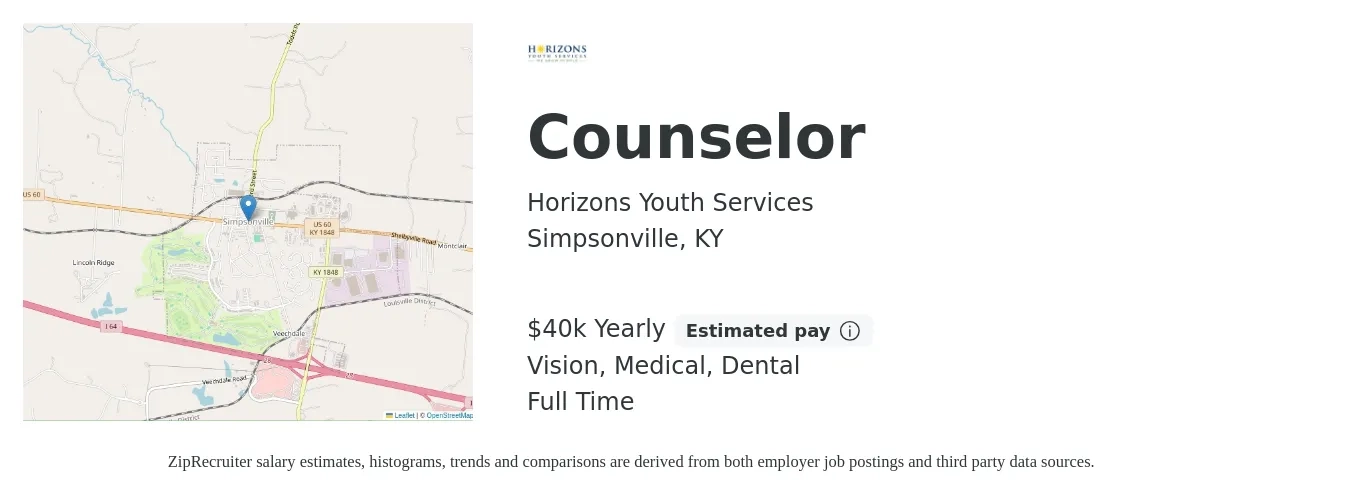 Horizons Youth Services job posting for a Counselor in Simpsonville, KY with a salary of $40,000 Yearly and benefits including medical, pto, retirement, vision, dental, and life_insurance with a map of Simpsonville location.