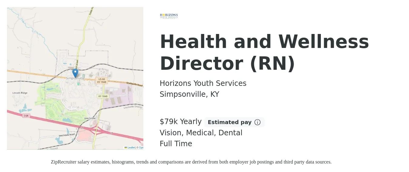 Horizons Youth Services job posting for a Health and Wellness Director (RN) in Simpsonville, KY with a salary of $79,000 Yearly and benefits including vision, dental, life_insurance, medical, pto, and retirement with a map of Simpsonville location.