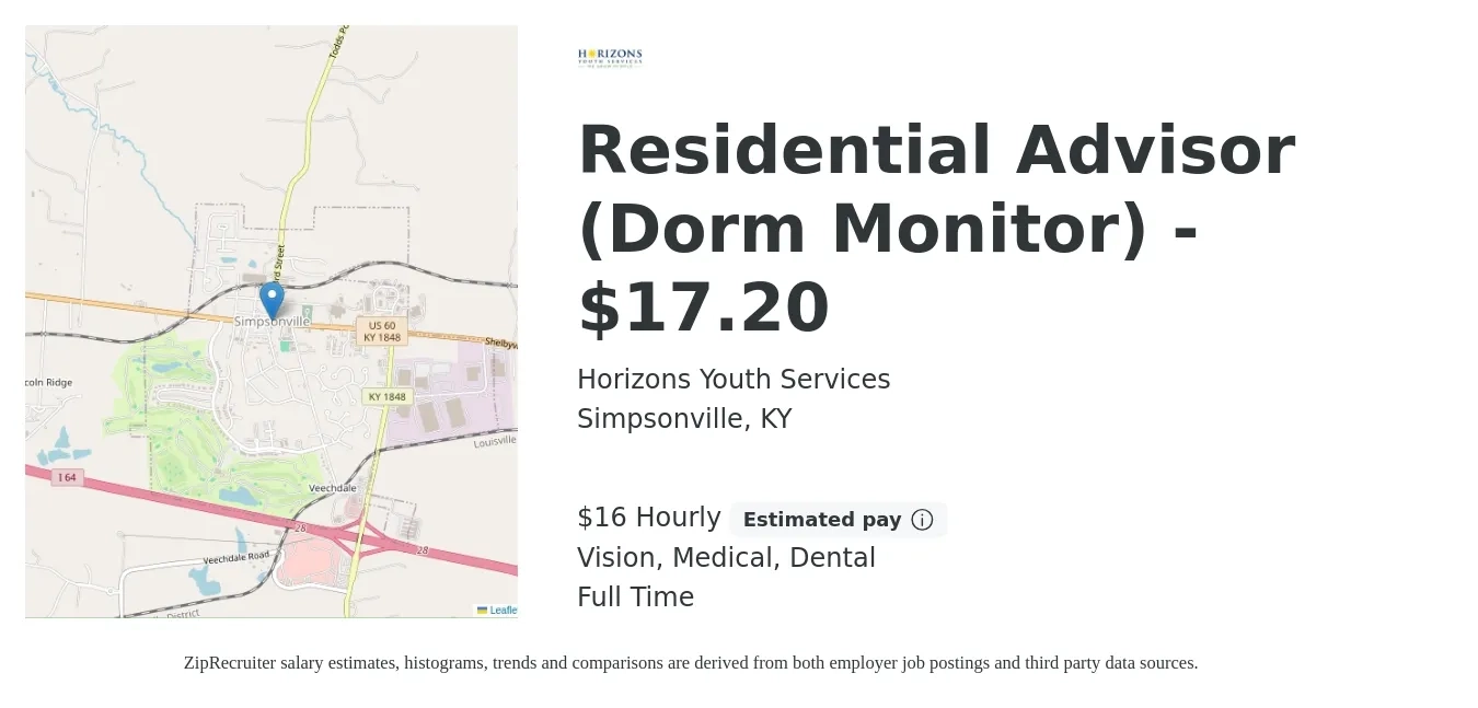 Horizons Youth Services job posting for a Residential Advisor (Dorm Monitor) - $17.20 in Simpsonville, KY with a salary of $17 Hourly and benefits including dental, life_insurance, medical, retirement, and vision with a map of Simpsonville location.