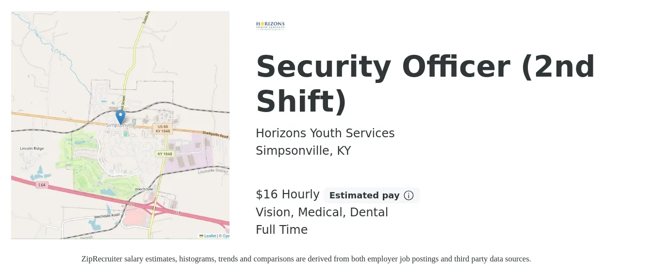 Horizons Youth Services job posting for a Security Officer (2nd Shift) in Simpsonville, KY with a salary of $17 Hourly and benefits including retirement, vision, dental, and medical with a map of Simpsonville location.