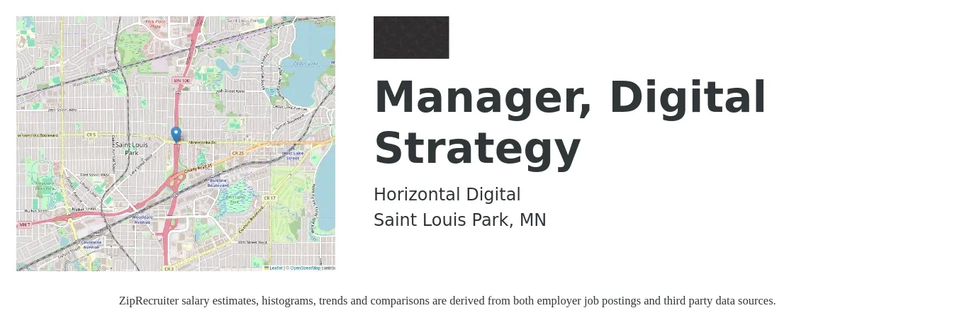 Horizontal Digital job posting for a Manager, Digital Strategy in Saint Louis Park, MN with a salary of $89,800 to $146,300 Yearly with a map of Saint Louis Park location.